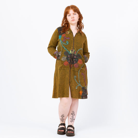 Vintage Y2K Boho Embroidered Hooded Mini Dress - Large | Olive Green Long Sleeve Fairycore Whimsigoth Hippie Zip Up Dress