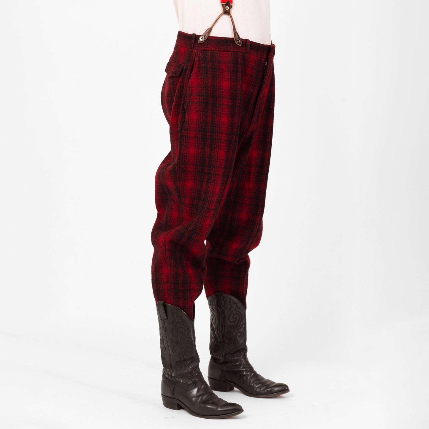 Vintage 40s 50s Woolrich Red & Black Plaid Wool Hunting Pants - Large, 38" Waist | Winter Outerwear Mackinaw High Waisted Suspender Pants