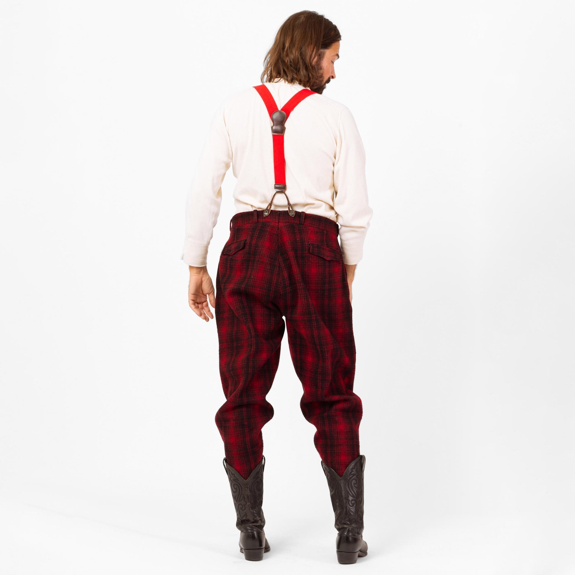 Vintage 40s 50s Woolrich Red & Black Plaid Wool Hunting Pants - Large, 38" Waist | Winter Outerwear Mackinaw High Waisted Suspender Pants