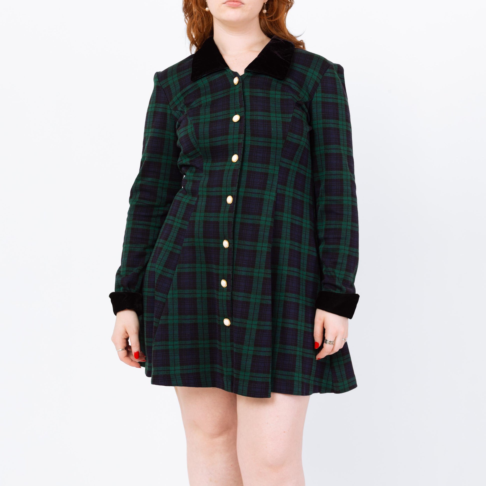 Vintage 90s Dark Plaid Schoolgirl Mini Dress - Large | Academia Black Watch Tartan Button Front Long Sleeve Mod Dress