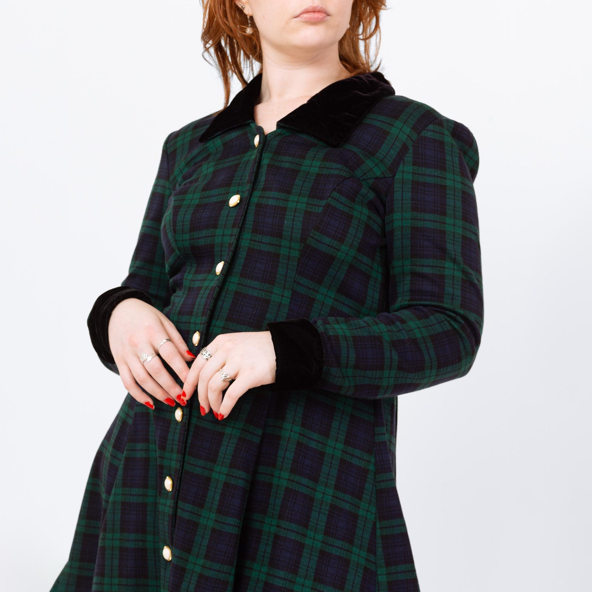 Vintage 90s Dark Plaid Schoolgirl Mini Dress - Large | Academia Black Watch Tartan Button Front Long Sleeve Mod Dress
