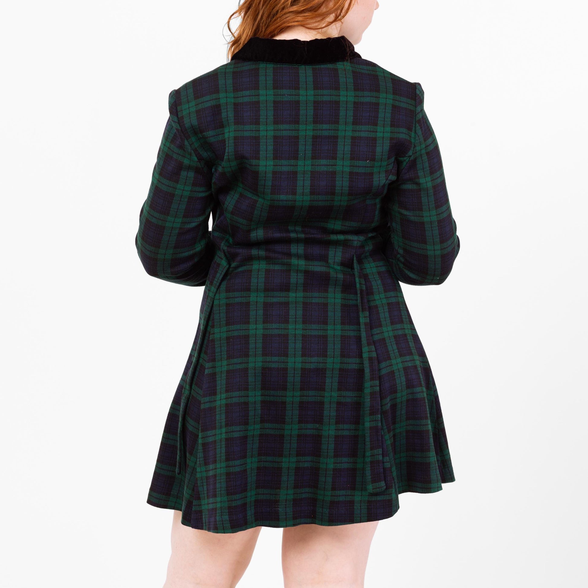 Vintage 90s Dark Plaid Schoolgirl Mini Dress - Large | Academia Black Watch Tartan Button Front Long Sleeve Mod Dress