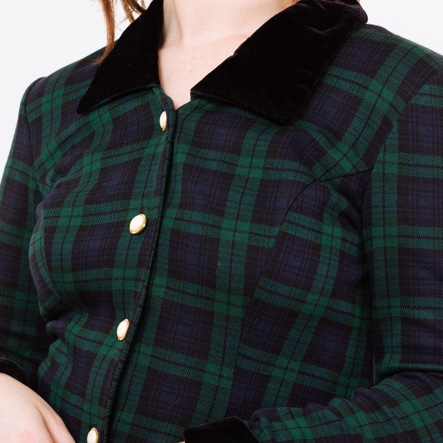 Vintage 90s Dark Plaid Schoolgirl Mini Dress - Large | Academia Black Watch Tartan Button Front Long Sleeve Mod Dress