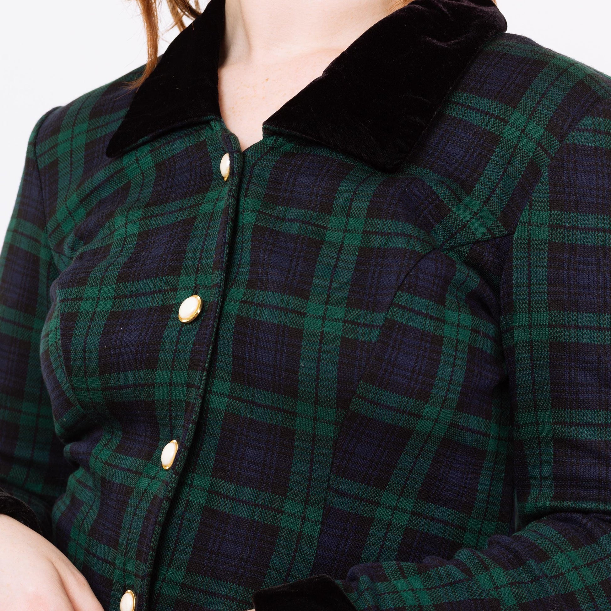 Vintage 90s Dark Plaid Schoolgirl Mini Dress - Large | Academia Black Watch Tartan Button Front Long Sleeve Mod Dress
