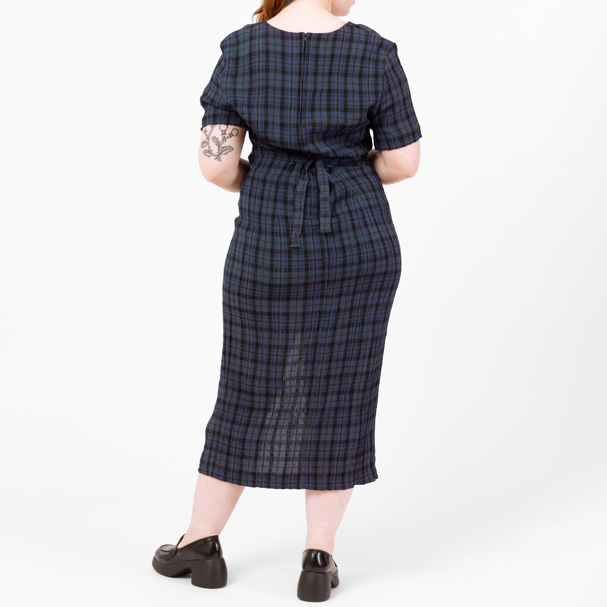 Vintage 90s Midnight Blue Plaid Maxi Dress - Large | Grunge Dark Academia Button Front High Slit Tie Back Dress