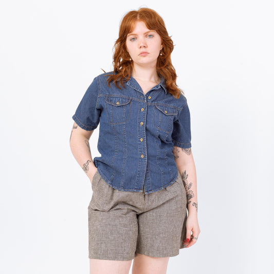 Vintage 90s Short Sleeve Chambray Shirt - Medium | Cropped Button Up Denim Top