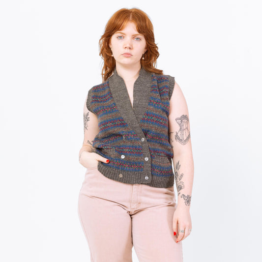 Vintage 80s Grey Striped Sweater Vest - Medium | Preppy Knit Vest, Dark Academia Sleeveless Cardigan, Cottagecore Sweater