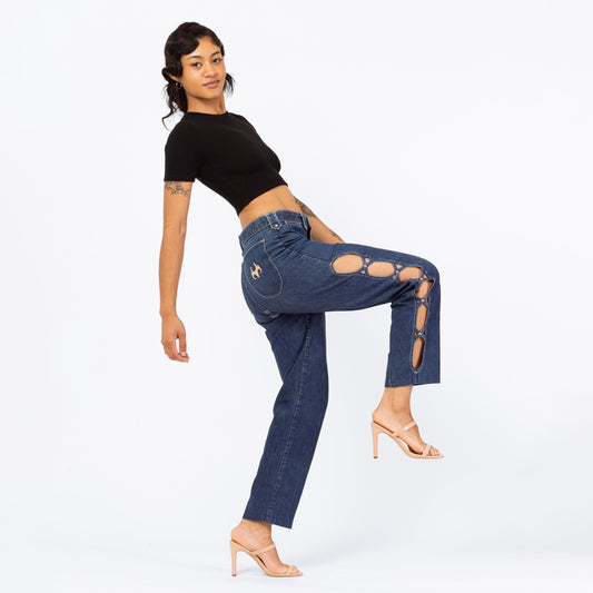 Vintage 80s High Waisted Cutout Jeans - Small, 27" Waist | Frederick's Of Hollywood Dark Wash Denim Straight Leg Rocker Jeans