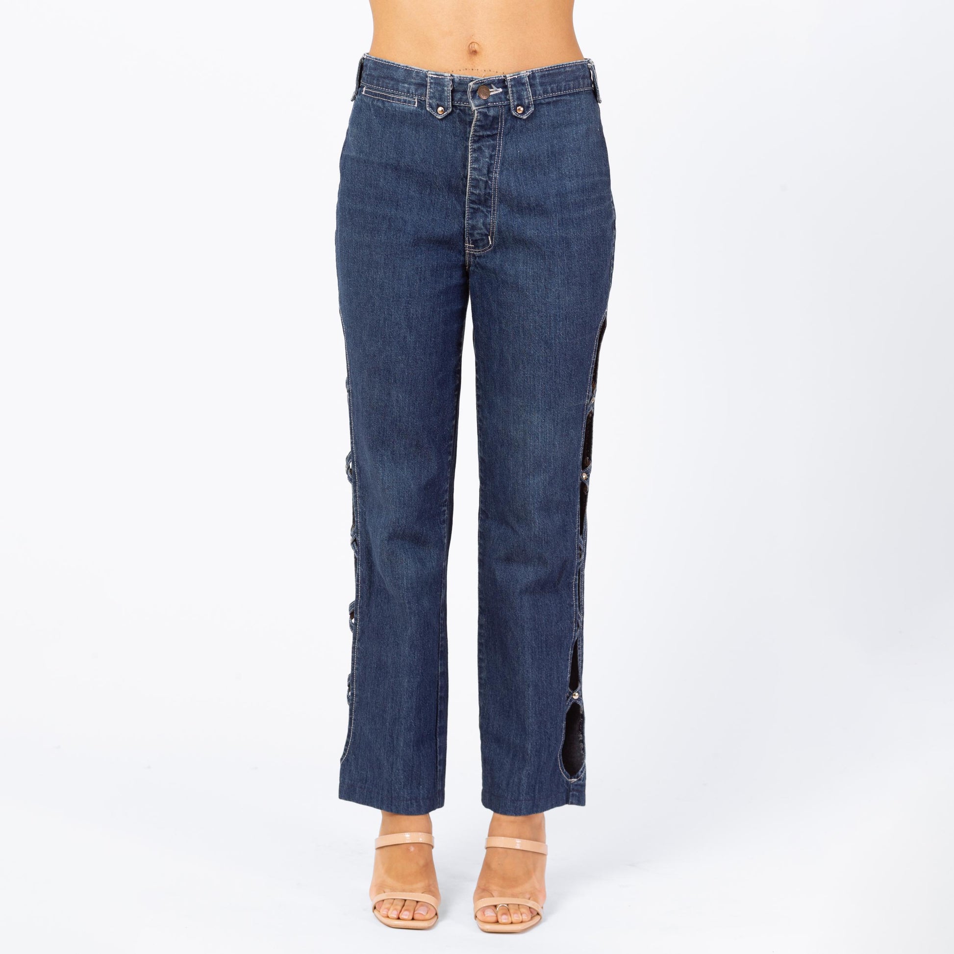 Vintage 80s High Waisted Cutout Jeans - Small, 27" Waist | Frederick's Of Hollywood Dark Wash Denim Straight Leg Rocker Jeans