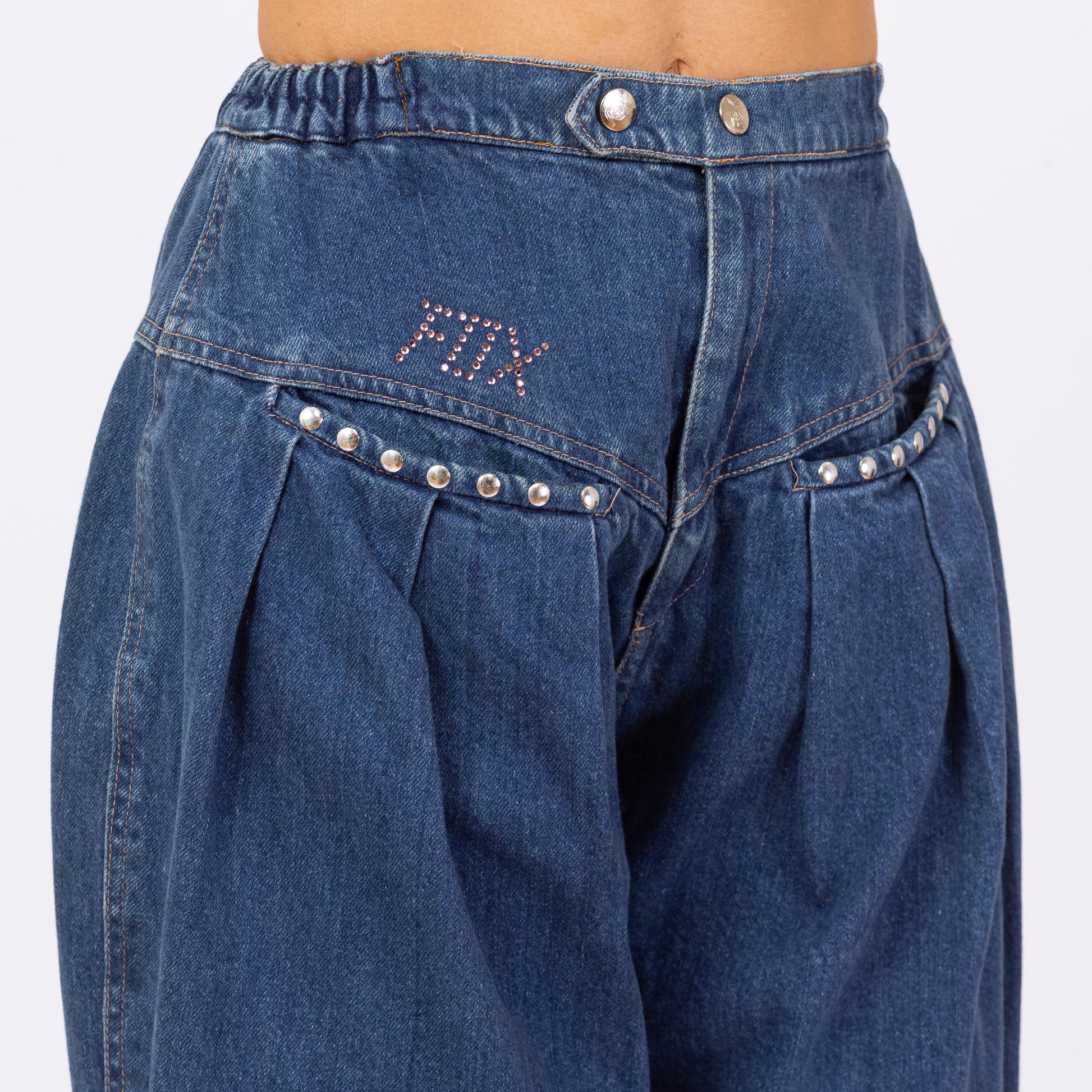 Vintage 80s Studded Fox Balloon Jeans - Extra Small, 22"-25" Waist | Streetwear Denim High Waisted Tapered Leg Baggy Barrel Jeans