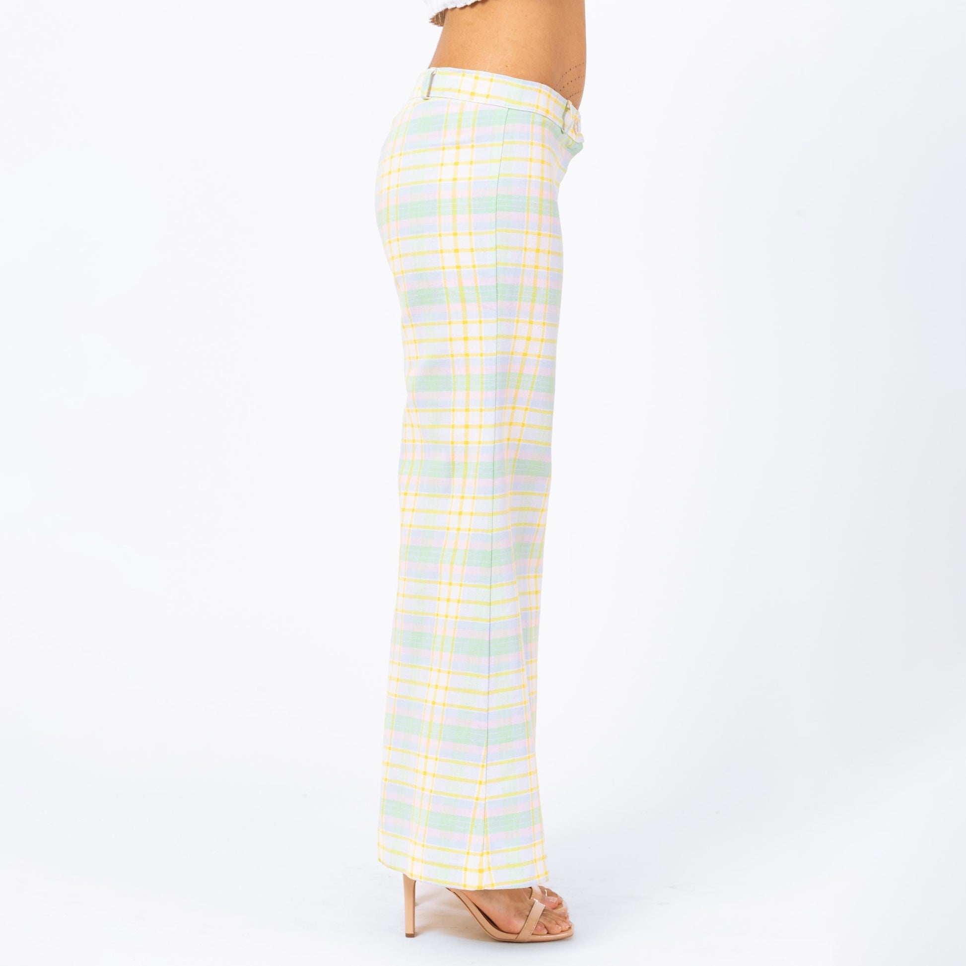 Vintage 70s Pastel Plaid Bell Bottoms - Small | Low Rise Retro Flares Yellow Green Hippie Trousers