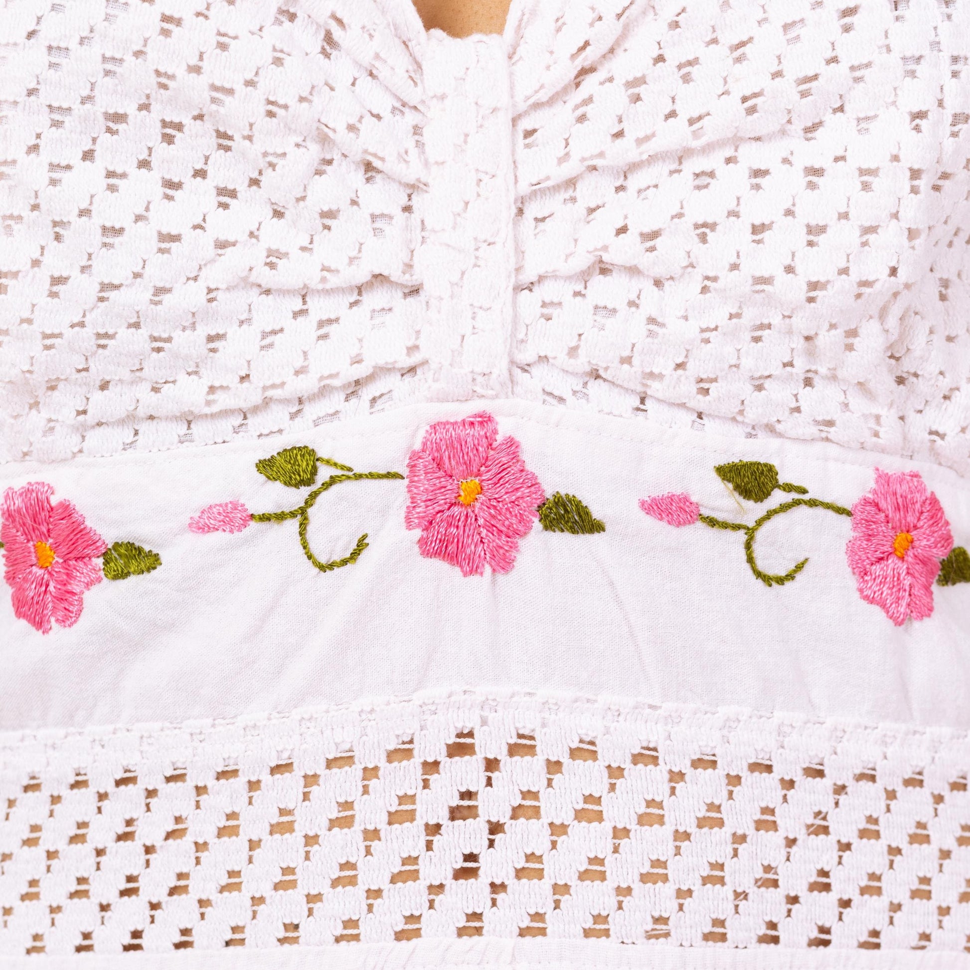 Vintage 90s Crochet Scarf Hem Mexican Sundress - Small to Medium | White Pink Embroidered Floral Halter Handkerchief Dress