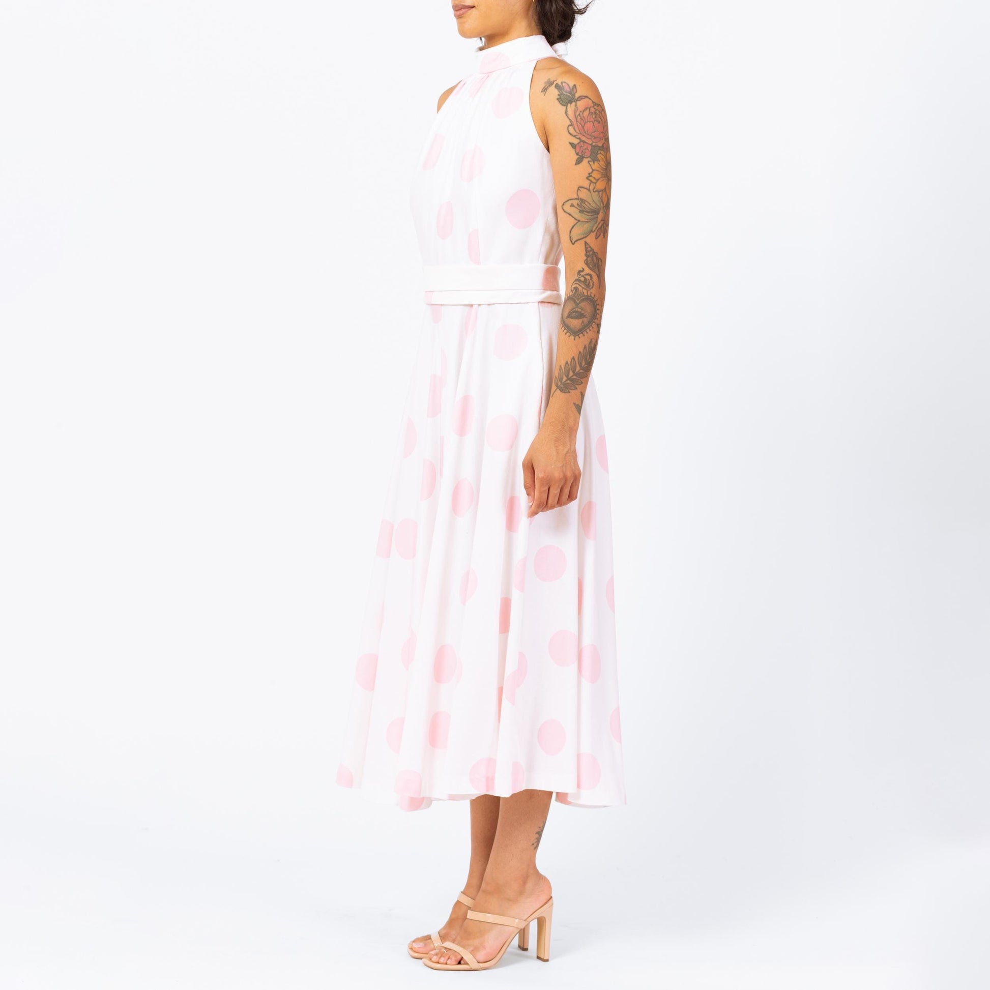 Vintage 70s Lanz White & Pink Polka Dot Maxi Dress - Small | Sleeveless Keyhole Back Belted Halter Pocket Dress