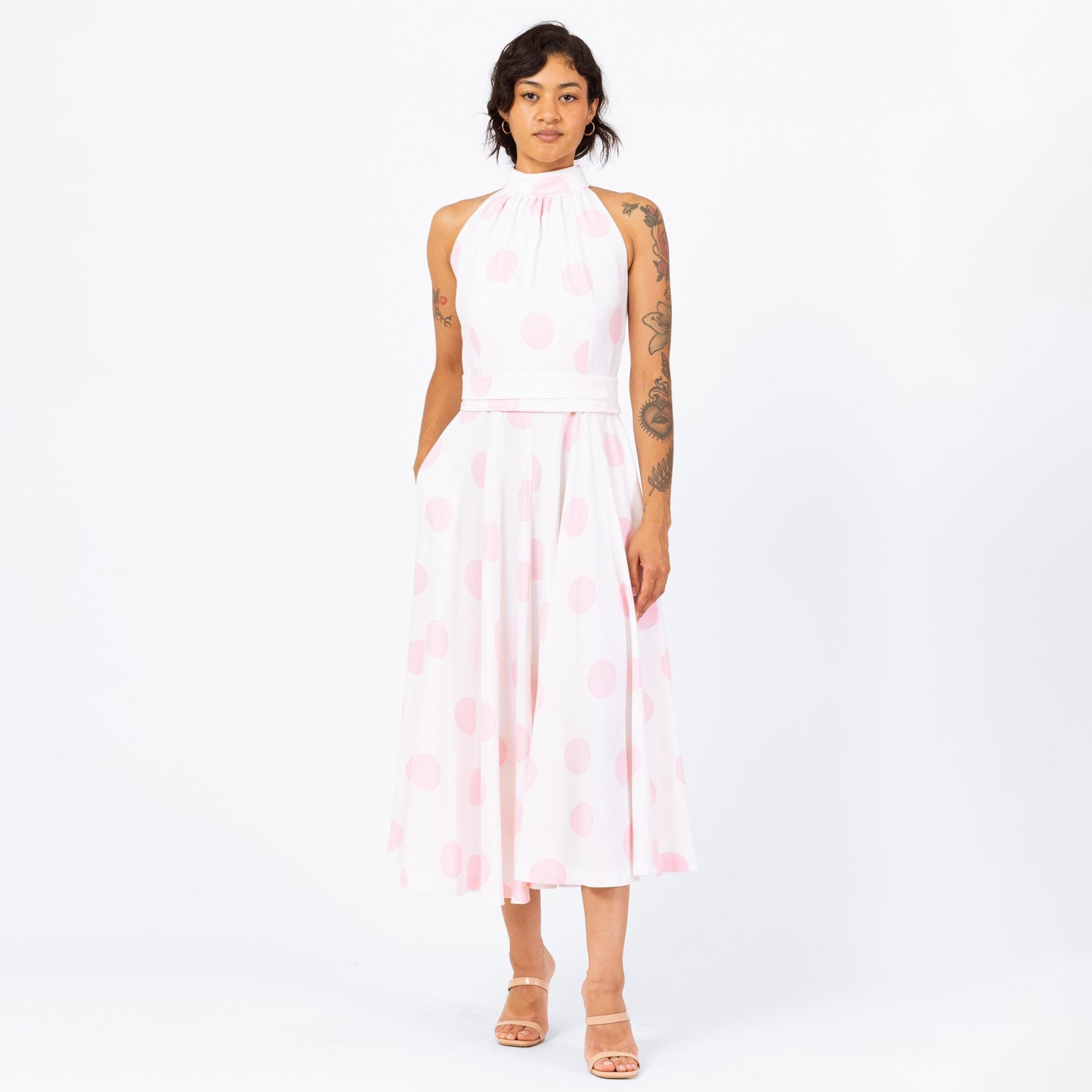 Vintage 70s Lanz White & Pink Polka Dot Maxi Dress - Small | Sleeveless Keyhole Back Belted Halter Pocket Dress