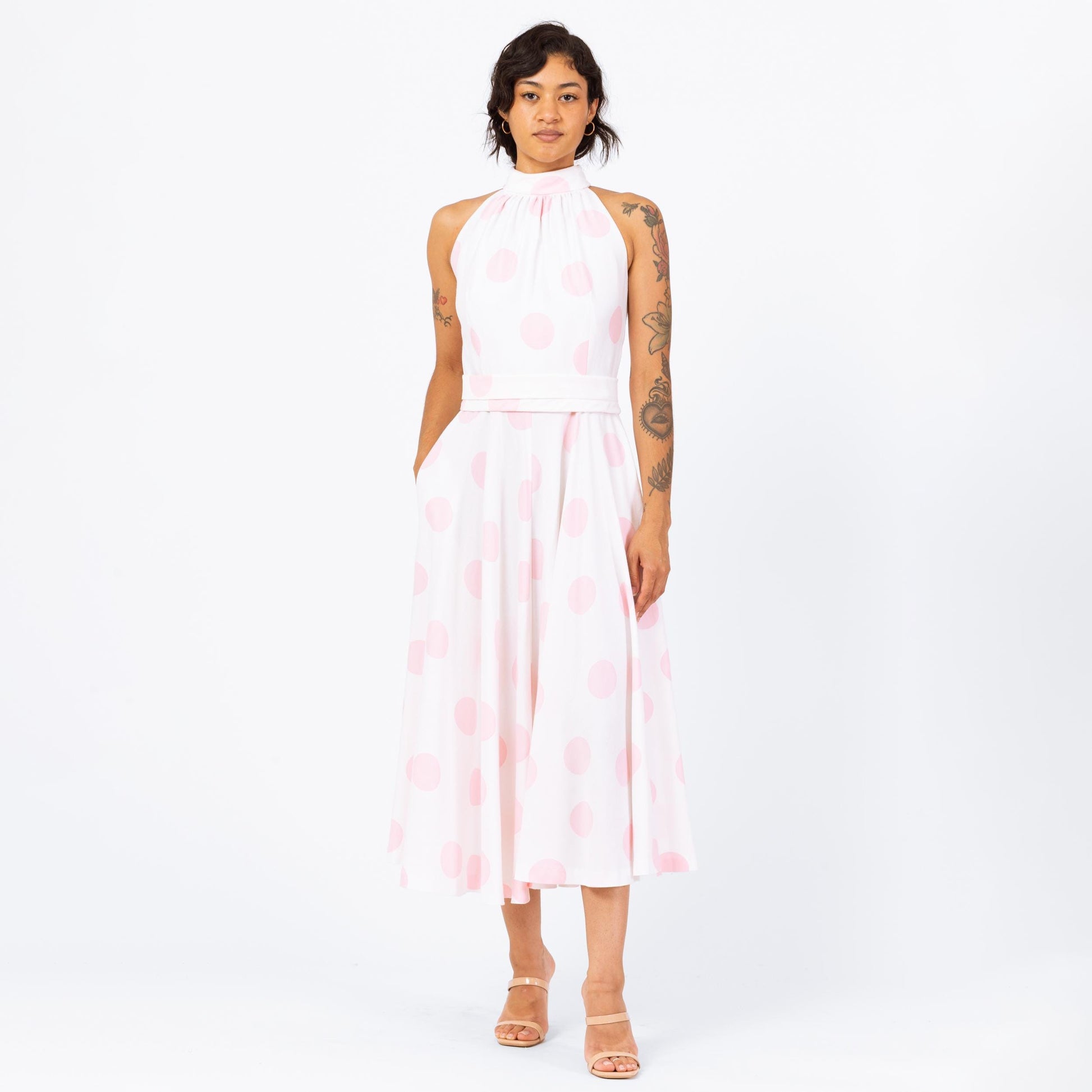 Vintage 70s Lanz White & Pink Polka Dot Maxi Dress - Small | Sleeveless Keyhole Back Belted Halter Pocket Dress