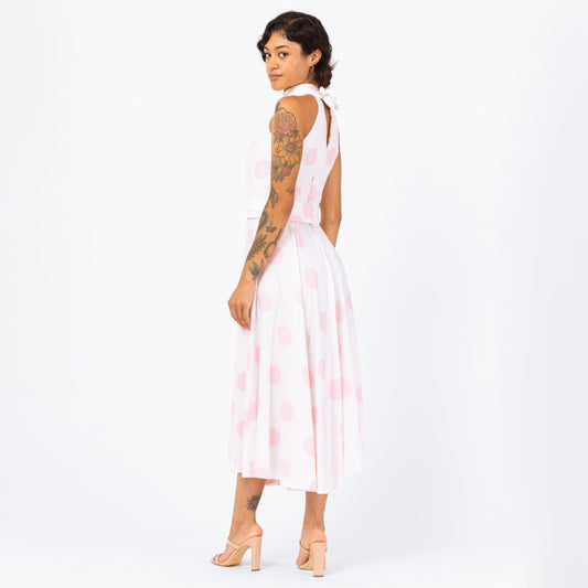 Vintage 70s Lanz White & Pink Polka Dot Maxi Dress - Small | Sleeveless Keyhole Back Belted Halter Pocket Dress
