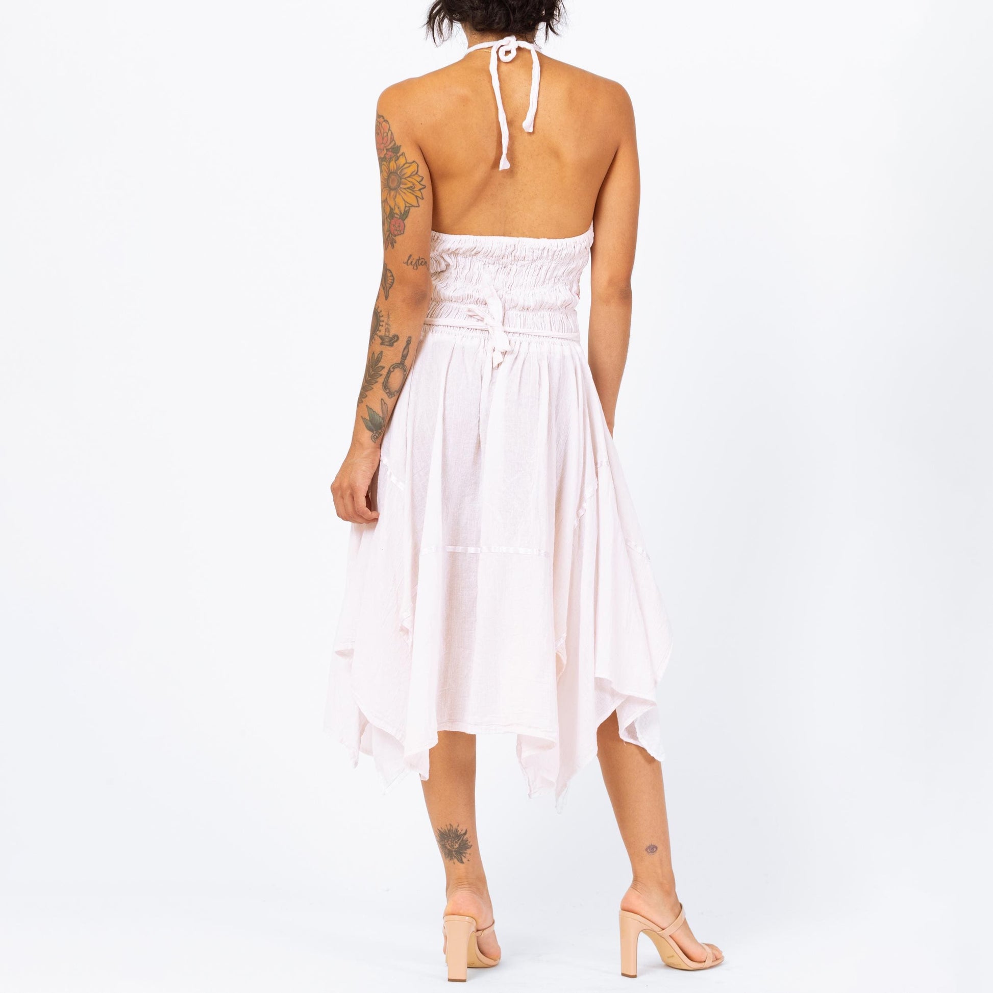 Vintage 90s Crochet Scarf Hem Mexican Sundress - Small to Medium | White Pink Embroidered Floral Halter Handkerchief Dress