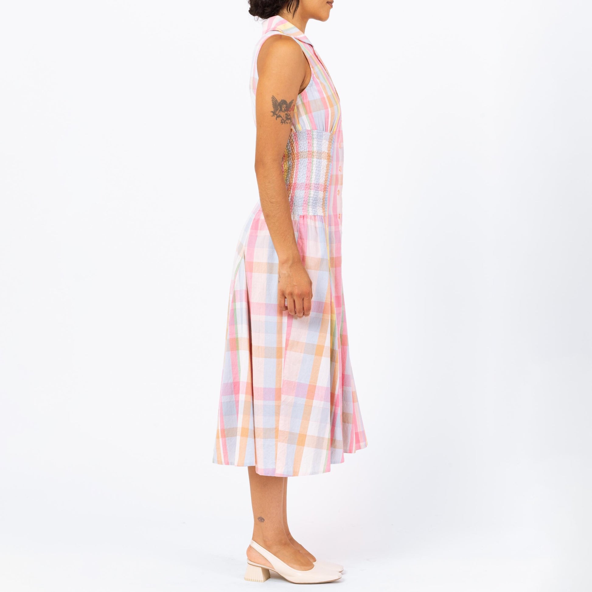 Vintage 1950s Pink Pastel Madras Plaid Shirtdress - Small | Retro 50s Collared Sleeveless Midi Day Dress