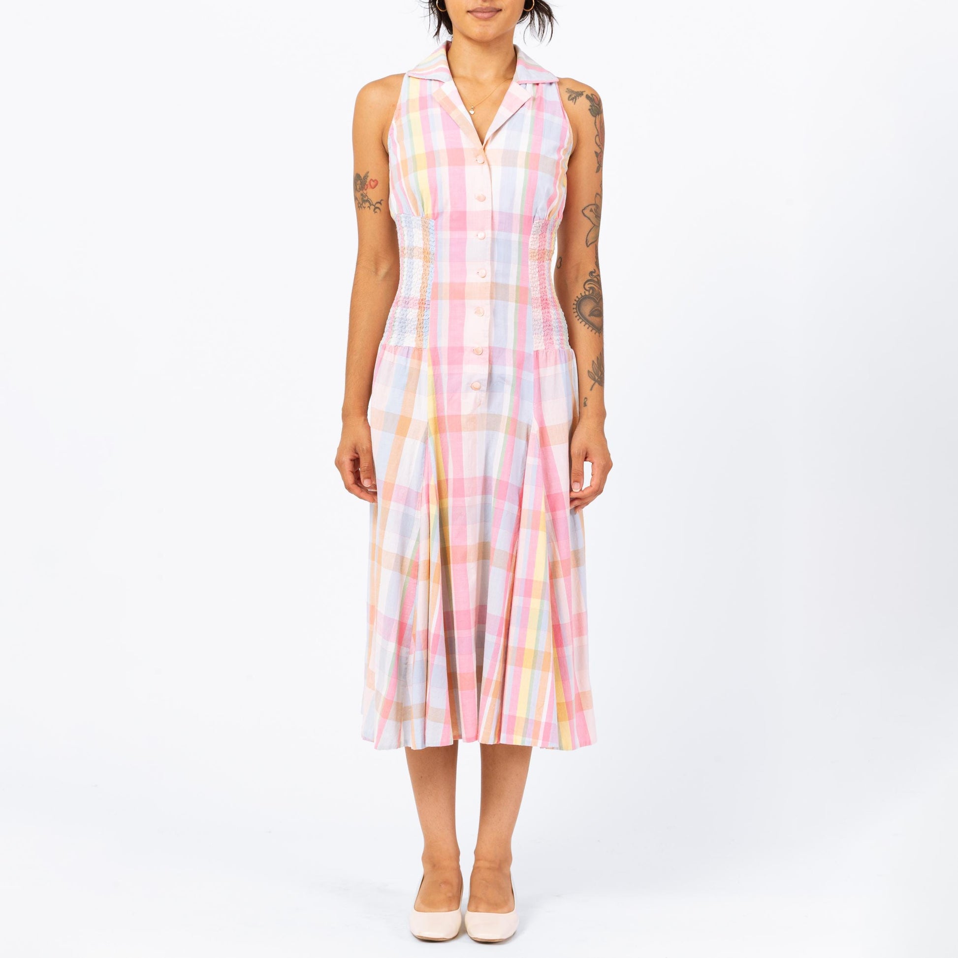 Vintage 1950s Pink Pastel Madras Plaid Shirtdress - Small | Retro 50s Collared Sleeveless Midi Day Dress