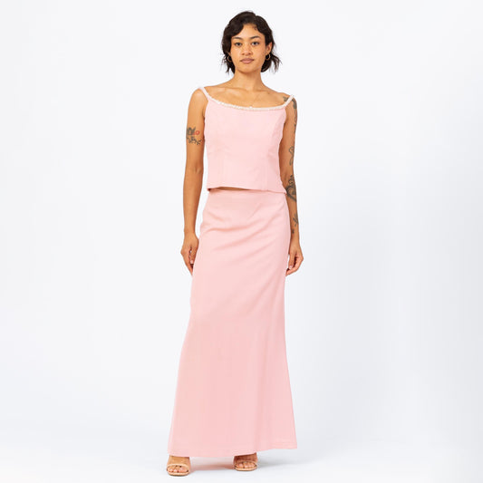 Vintage 90s Y2K Blush Pink Formal Maxi Skirt Set - Small | 2000s Sleeveless Beaded Blouse & Skirt Matching Two Piece Evening Gown Outfit
