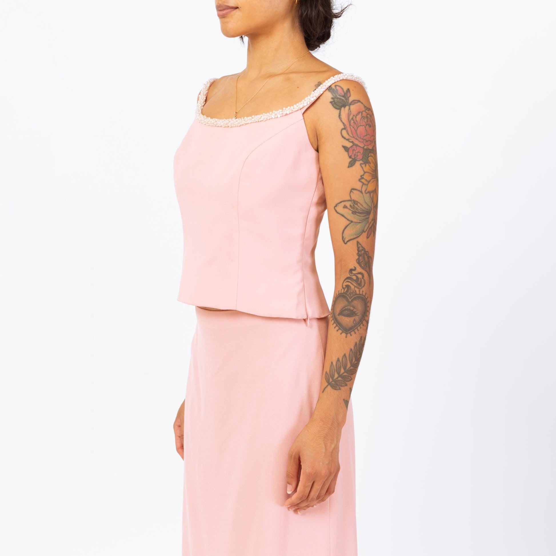 Vintage 90s Y2K Blush Pink Formal Maxi Skirt Set - Small | 2000s Sleeveless Beaded Blouse & Skirt Matching Two Piece Evening Gown Outfit