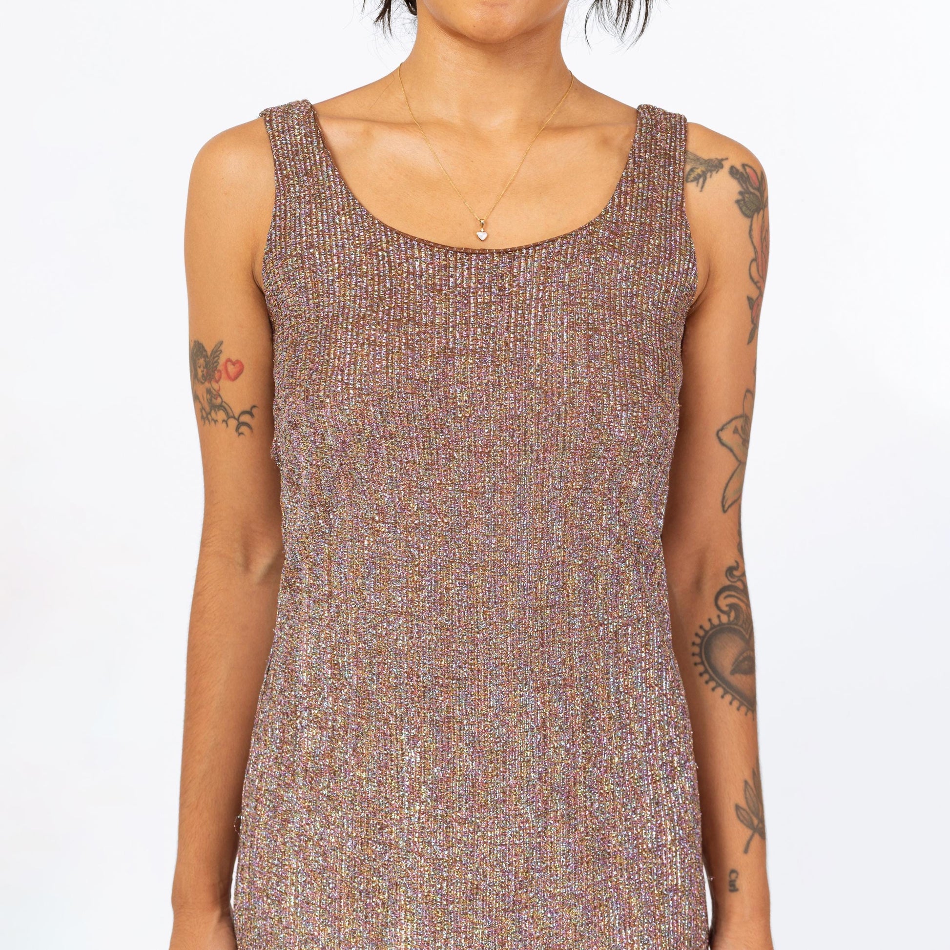 Vintage 70s Metallic Lurex Striped Disco Mini Dress - Petite Small | Orvieto Creations Studio 54 Copper Knit Sleeveless Party Dress