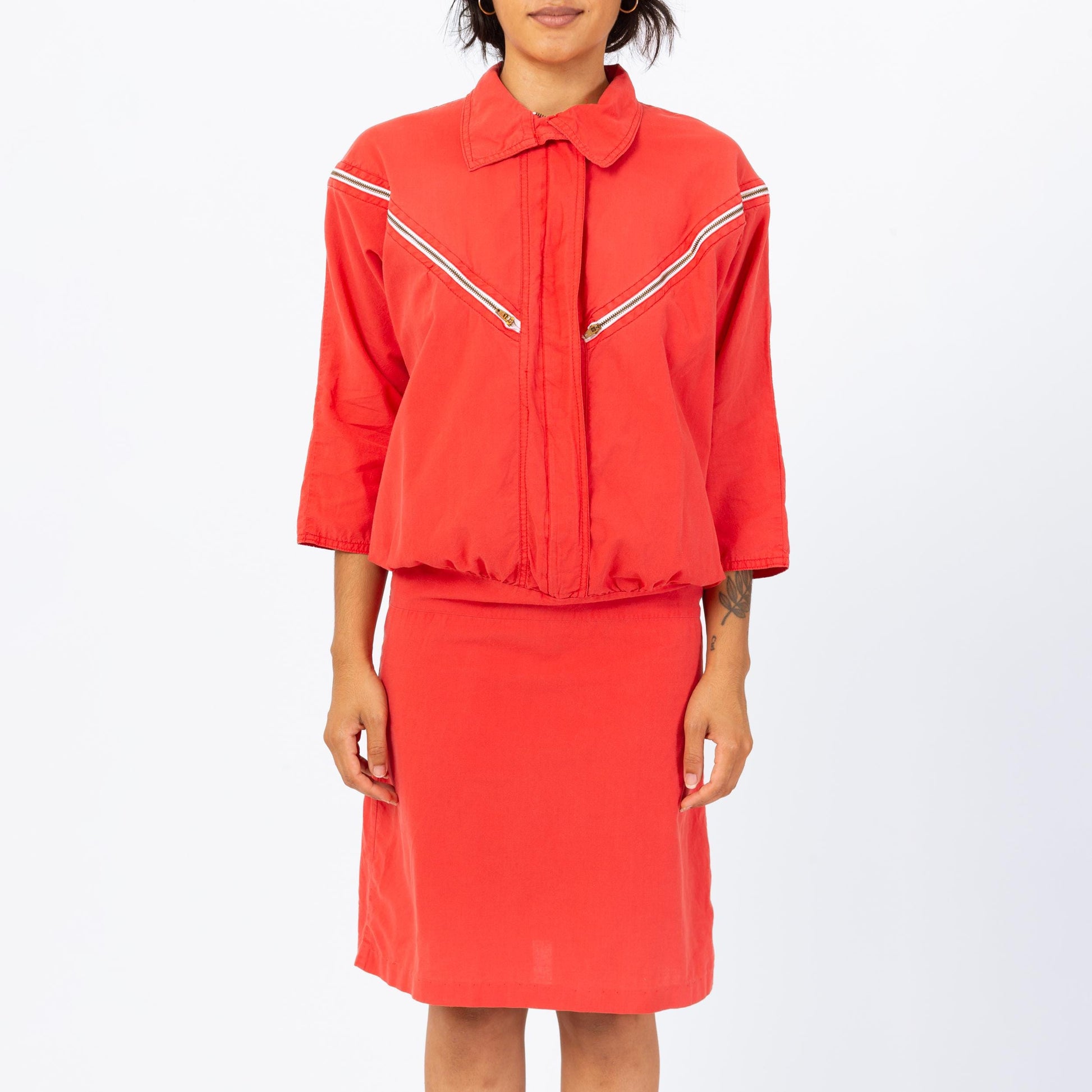 Vintage 80s Coral Red Drop Waist Zipper Dress - Small | 3/4 Sleeve Collared Knee Length Midi Shirtdress