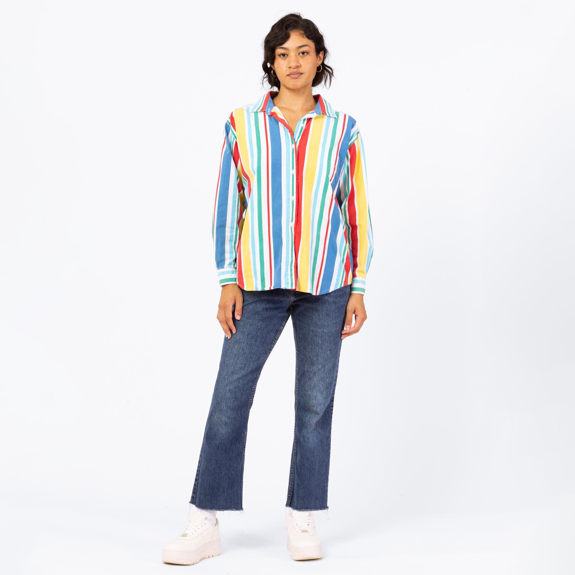 Vintage 90s Primary Color Striped Button Up Shirt - Medium | Long Sleeve Collared Vertical Candy Stripe Top