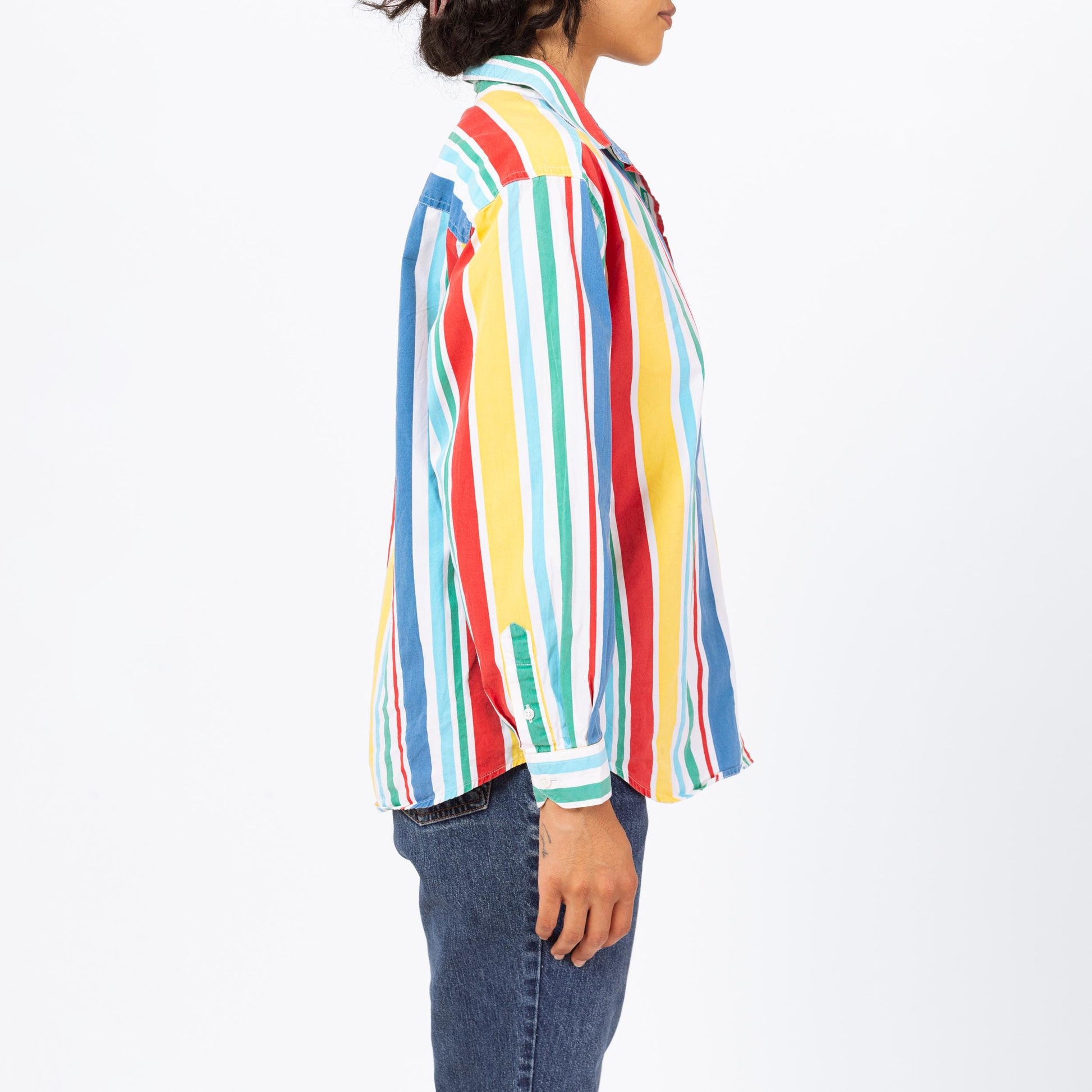 Vintage 90s Primary Color Striped Button Up Shirt - Medium | Long Sleeve Collared Vertical Candy Stripe Top