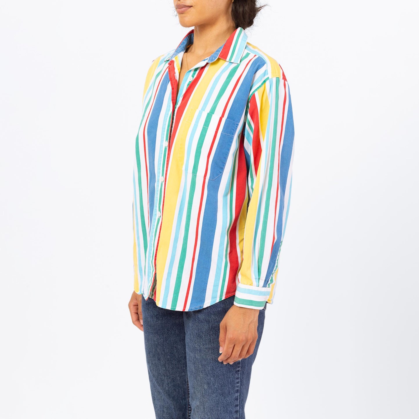 Vintage 90s Primary Color Striped Button Up Shirt - Medium | Long Sleeve Collared Vertical Candy Stripe Top