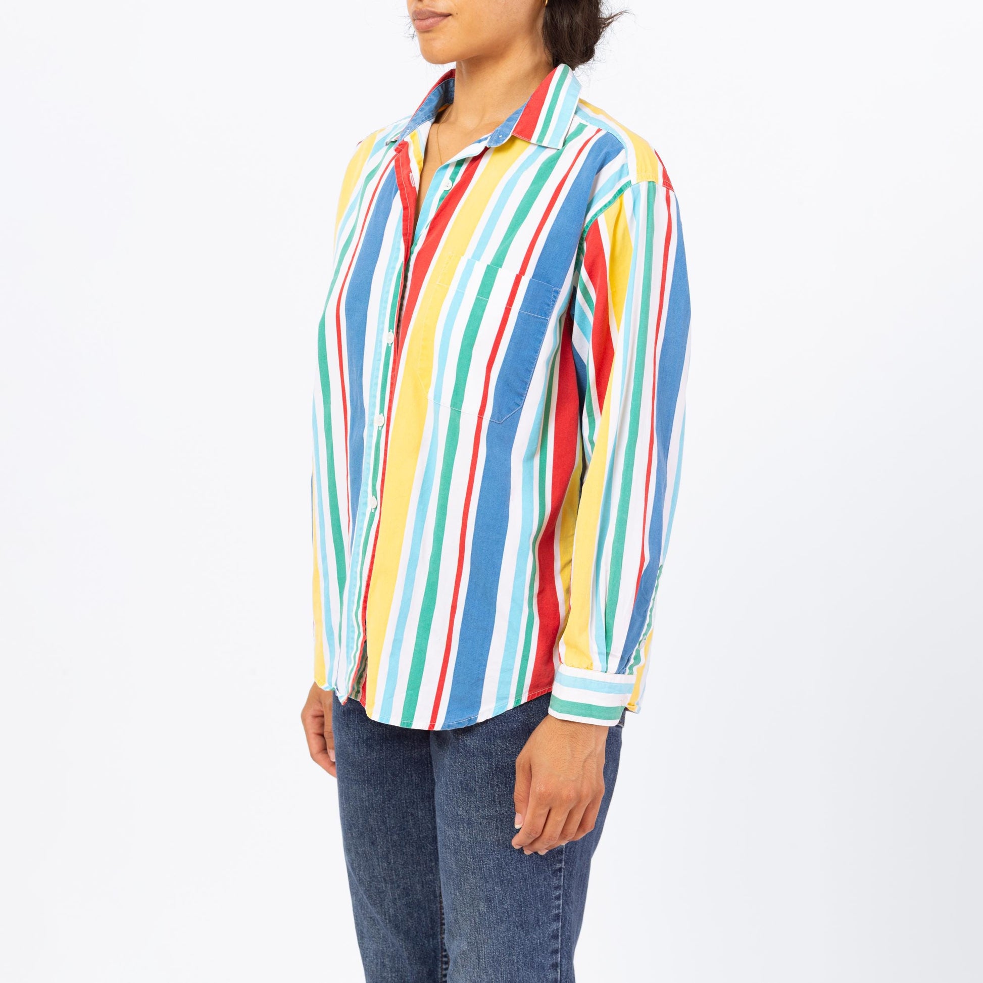 Vintage 90s Primary Color Striped Button Up Shirt - Medium | Long Sleeve Collared Vertical Candy Stripe Top