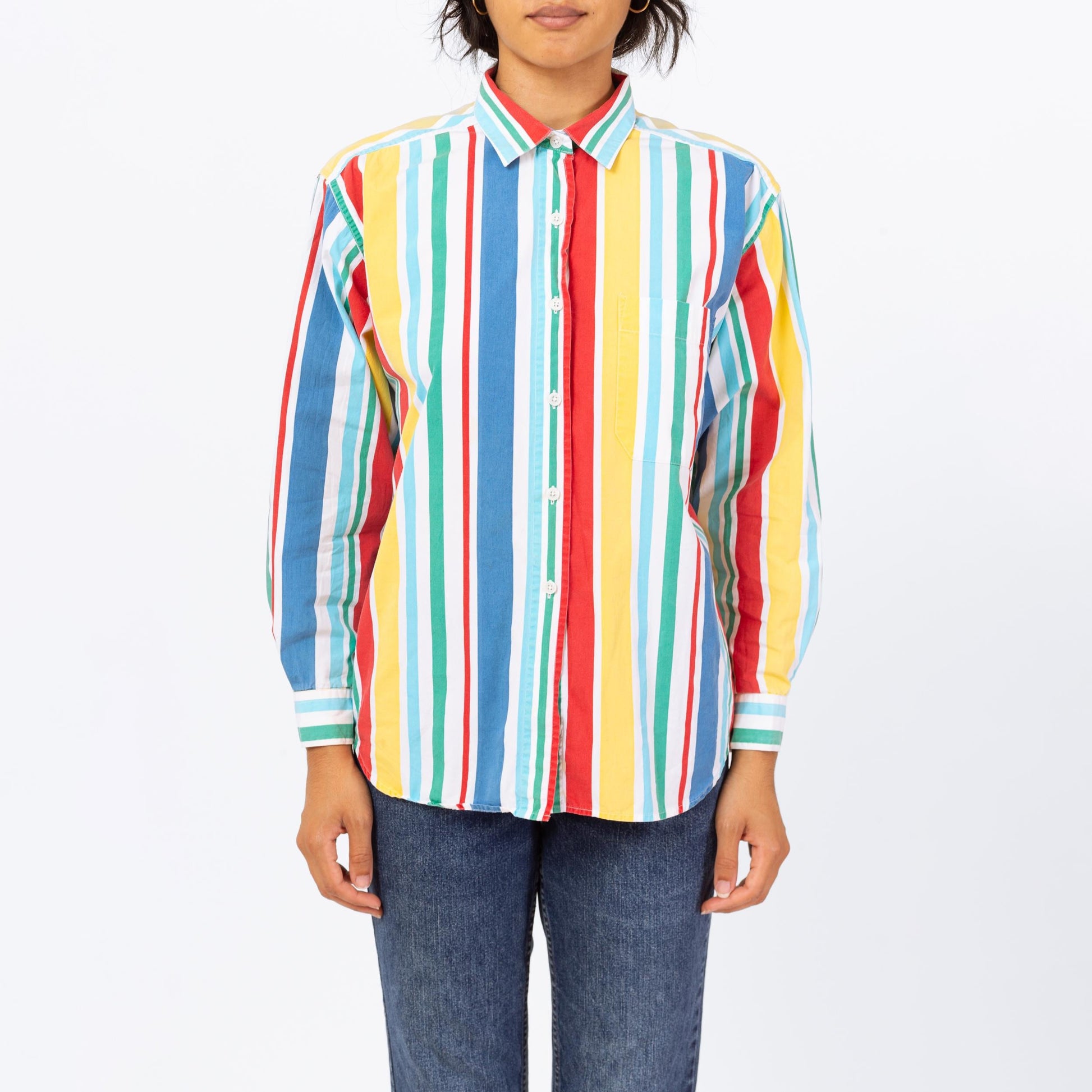 Vintage 90s Primary Color Striped Button Up Shirt - Medium | Long Sleeve Collared Vertical Candy Stripe Top