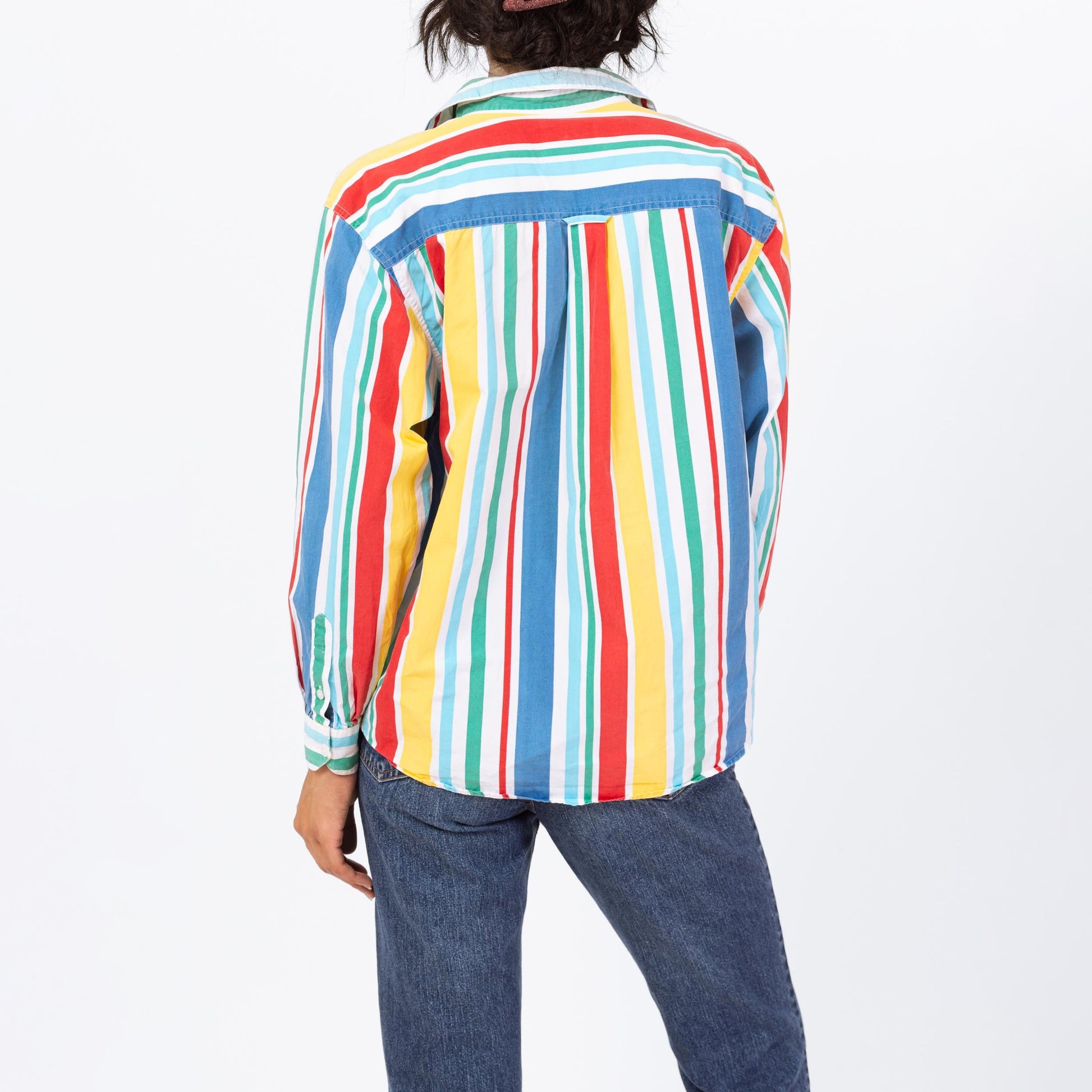 Vintage 90s Primary Color Striped Button Up Shirt - Medium | Long Sleeve Collared Vertical Candy Stripe Top