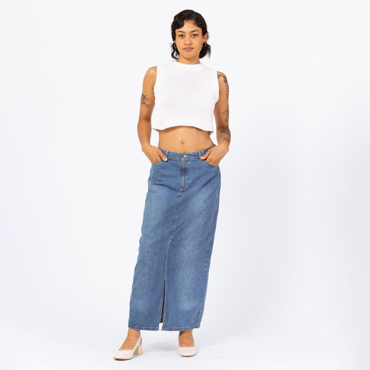 Vintage 90s Faded Denim Maxi Skirt - Medium, 28" Waist | Grunge High Waisted Medium Wash Jean Skirt