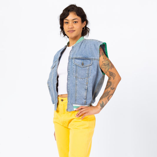 Vintage 90s Denim Striped Trim Vest - Small | Zip Up Blue Jean Sleeveless Jacket
