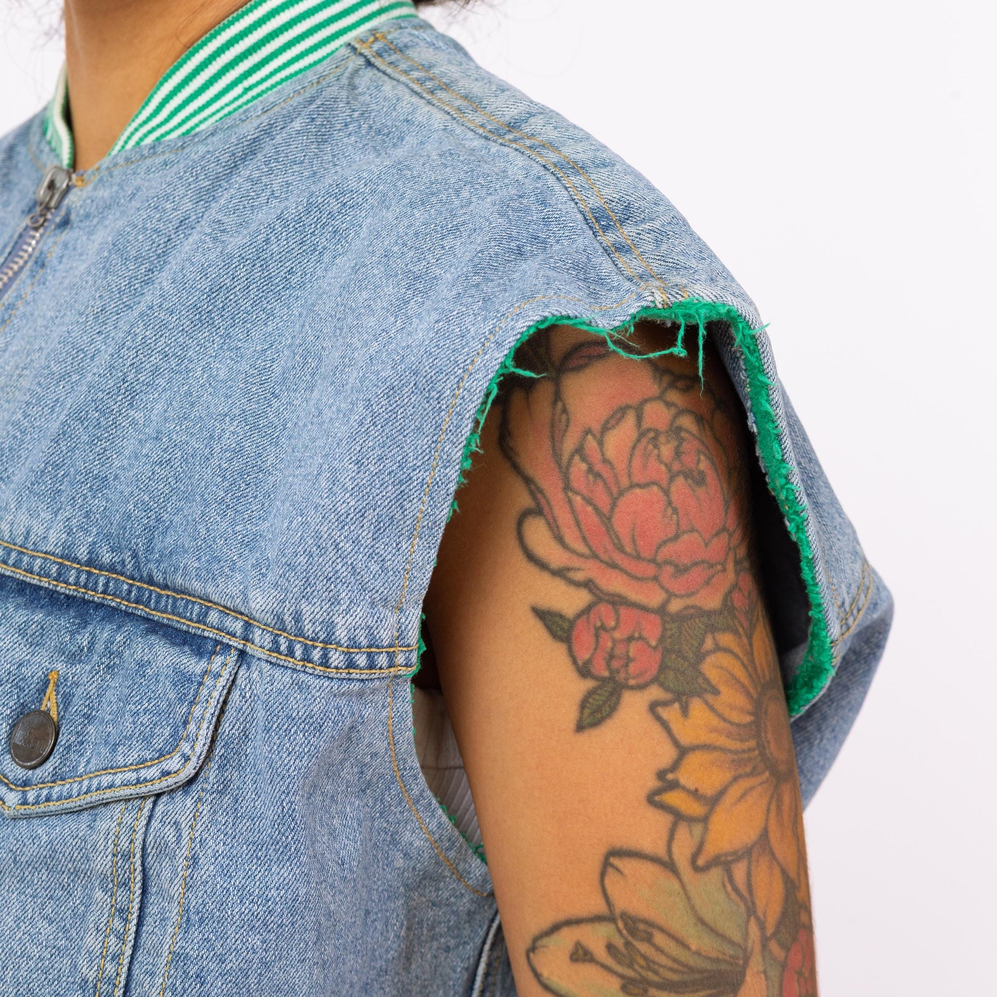 Vintage 90s Denim Striped Trim Vest - Small | Zip Up Blue Jean Sleeveless Jacket