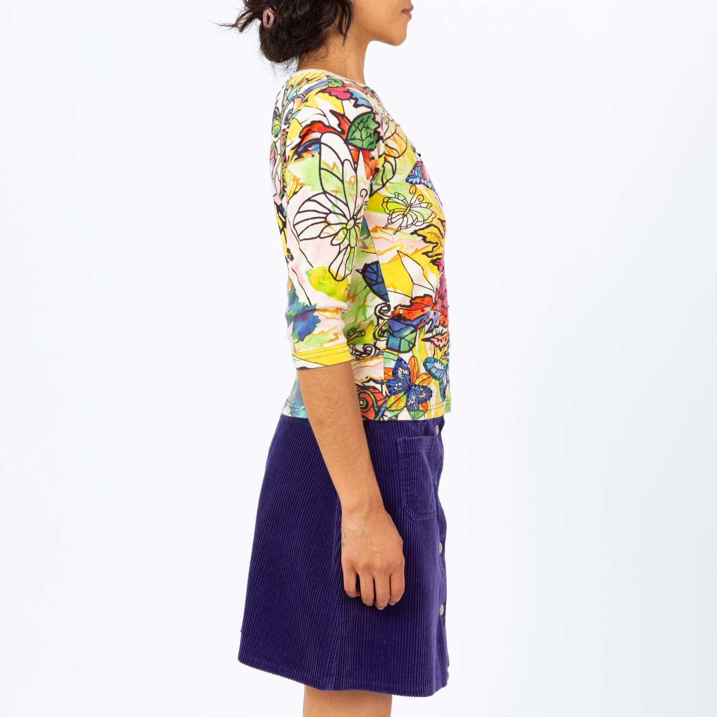 Vintage 90s Butterfly Mosaic Print Sequin Shirt - Small | Maximalist Floral Graphic 3/4 Sleeve Pullover Top