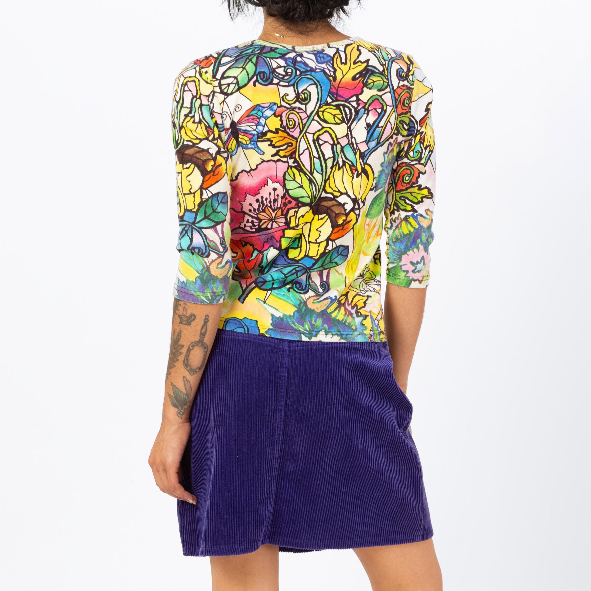 Vintage 90s Butterfly Mosaic Print Sequin Shirt - Small | Maximalist Floral Graphic 3/4 Sleeve Pullover Top