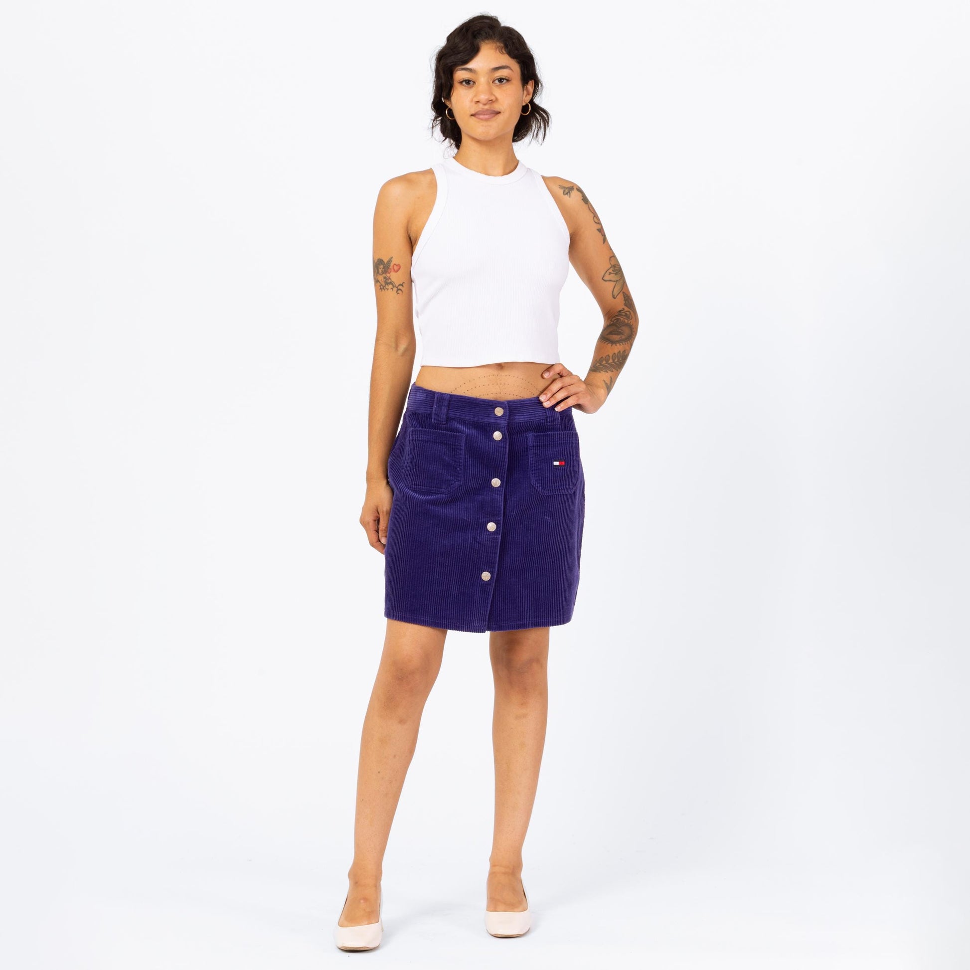 Vintage 90s Tommy Hilfiger Purple Corduroy High Waisted Mini Skirt - Medium, 28" Waist | Preppy A Line Snap Up Pencil Miniskirt