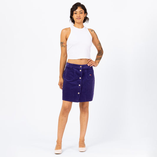 Vintage 90s Tommy Hilfiger Purple Corduroy High Waisted Mini Skirt - Medium, 28" Waist | Preppy A Line Snap Up Pencil Miniskirt