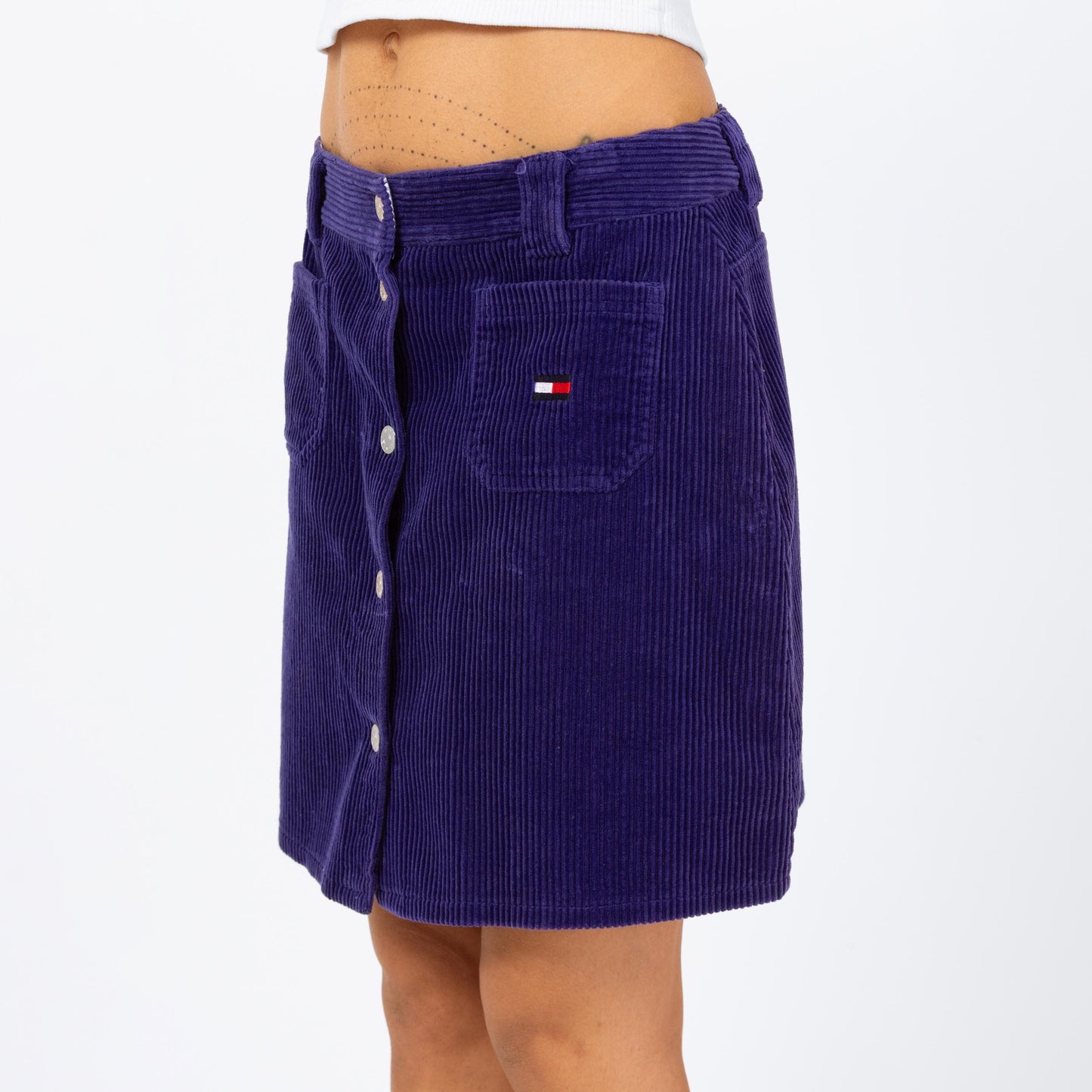 Vintage 90s Tommy Hilfiger Purple Corduroy High Waisted Mini Skirt - Medium, 28" Waist | Preppy A Line Snap Up Pencil Miniskirt