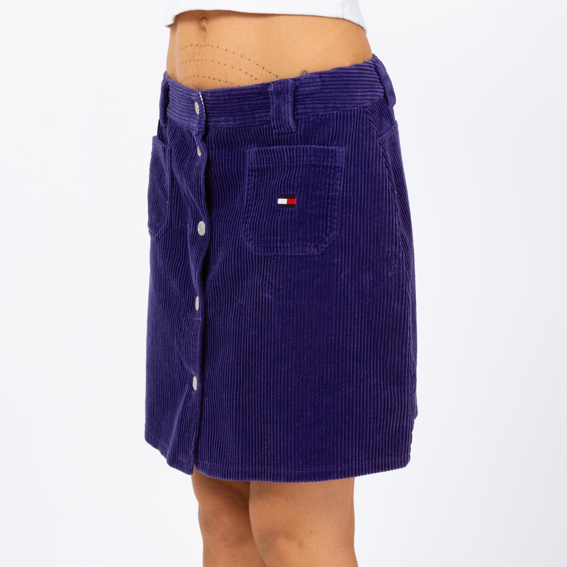 Vintage 90s Tommy Hilfiger Purple Corduroy High Waisted Mini Skirt - Medium, 28" Waist | Preppy A Line Snap Up Pencil Miniskirt