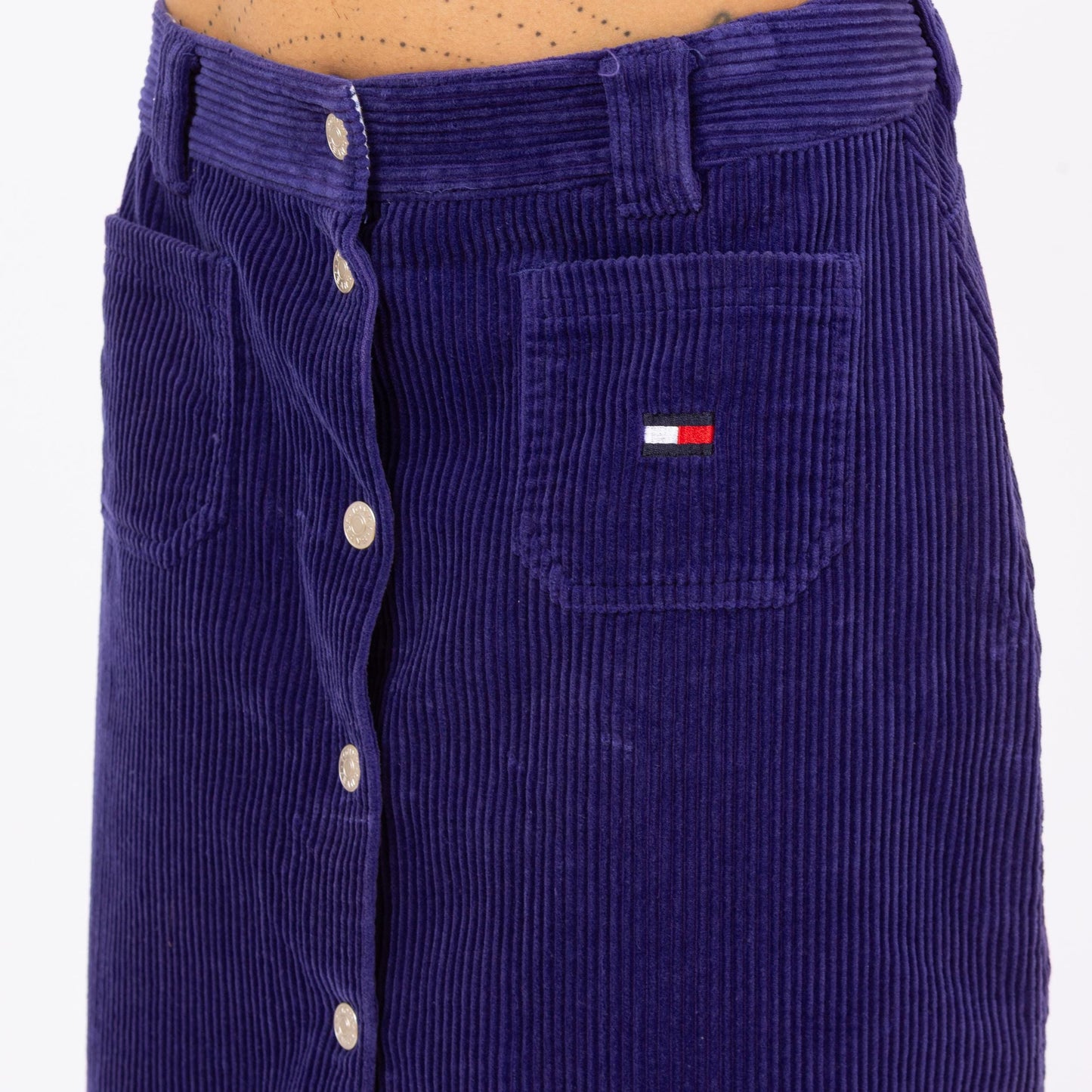 Vintage 90s Tommy Hilfiger Purple Corduroy High Waisted Mini Skirt - Medium, 28" Waist | Preppy A Line Snap Up Pencil Miniskirt
