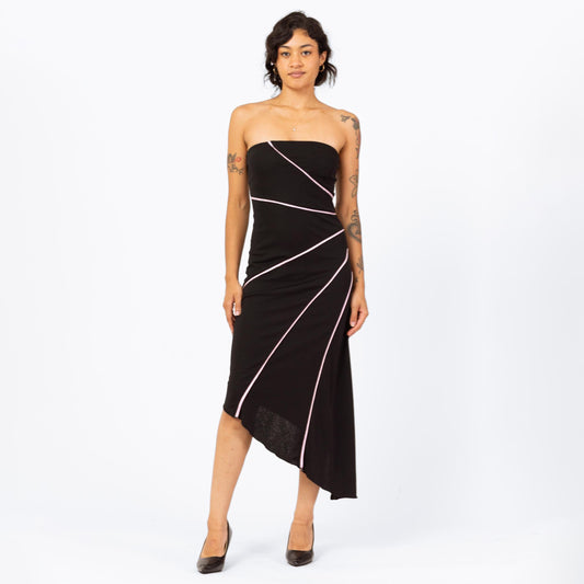 Vintage 90s Black Strapless Party Dress - Small | Asymmetrical Hem Pink Striped Cocktail Midi Dress
