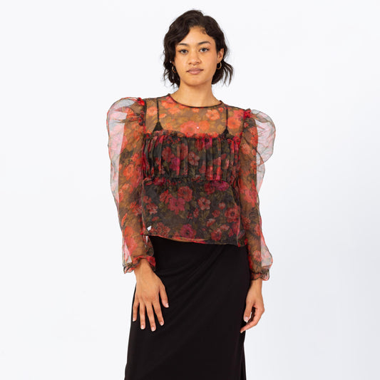 Vintage Y2K Sheer Red Floral Organza Puff Sleeve Blouse - Small | Romantic Gothic Long Sleeve Cropped Top