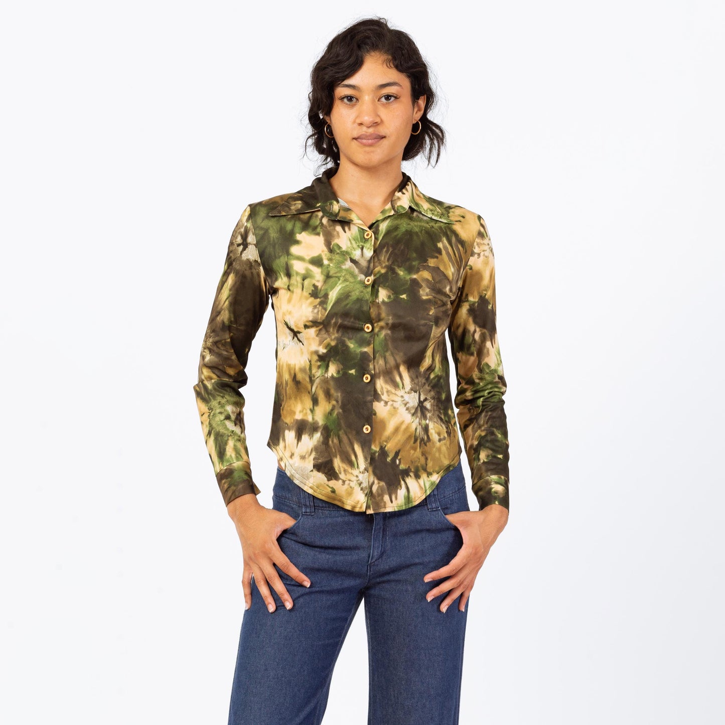 Vintage 90s Camo Tie Dye Print Blouse - Extra Small | Green Earth Tone Long Sleeve Collared Button Up Top