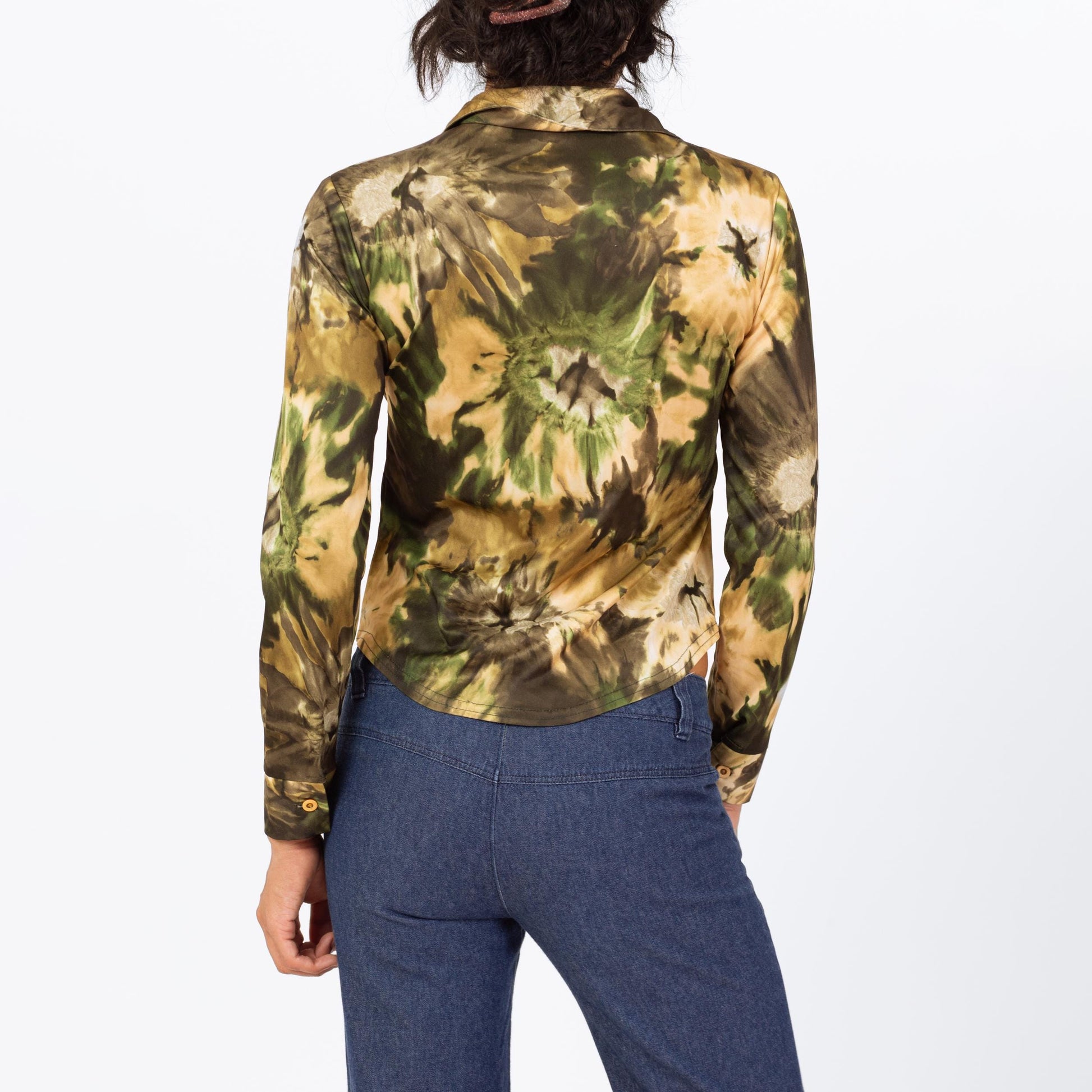 Vintage 90s Camo Tie Dye Print Blouse - Extra Small | Green Earth Tone Long Sleeve Collared Button Up Top