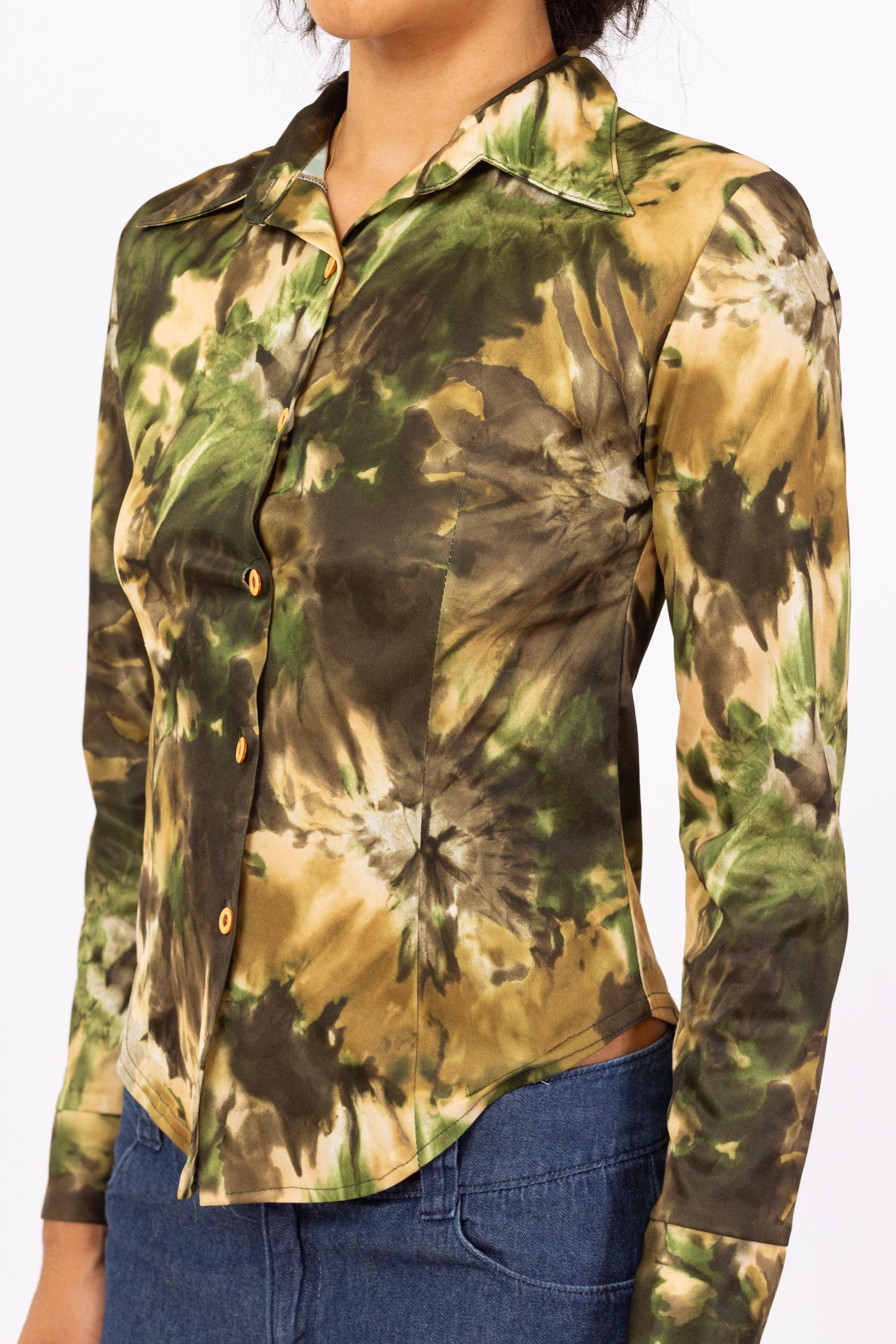 Vintage 90s Camo Tie Dye Print Blouse - Extra Small | Green Earth Tone Long Sleeve Collared Button Up Top