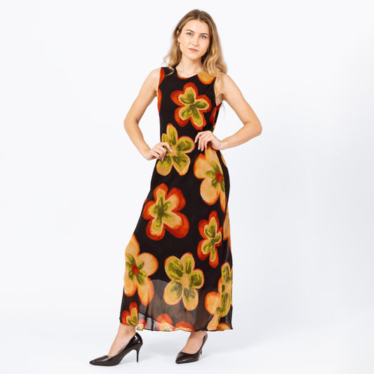 Vintage 90s Black Floral Bias Cut Maxi Dress - Small | Boho Summer Wedding Guest Dress, Sleeveless Formal Garden Party Gown