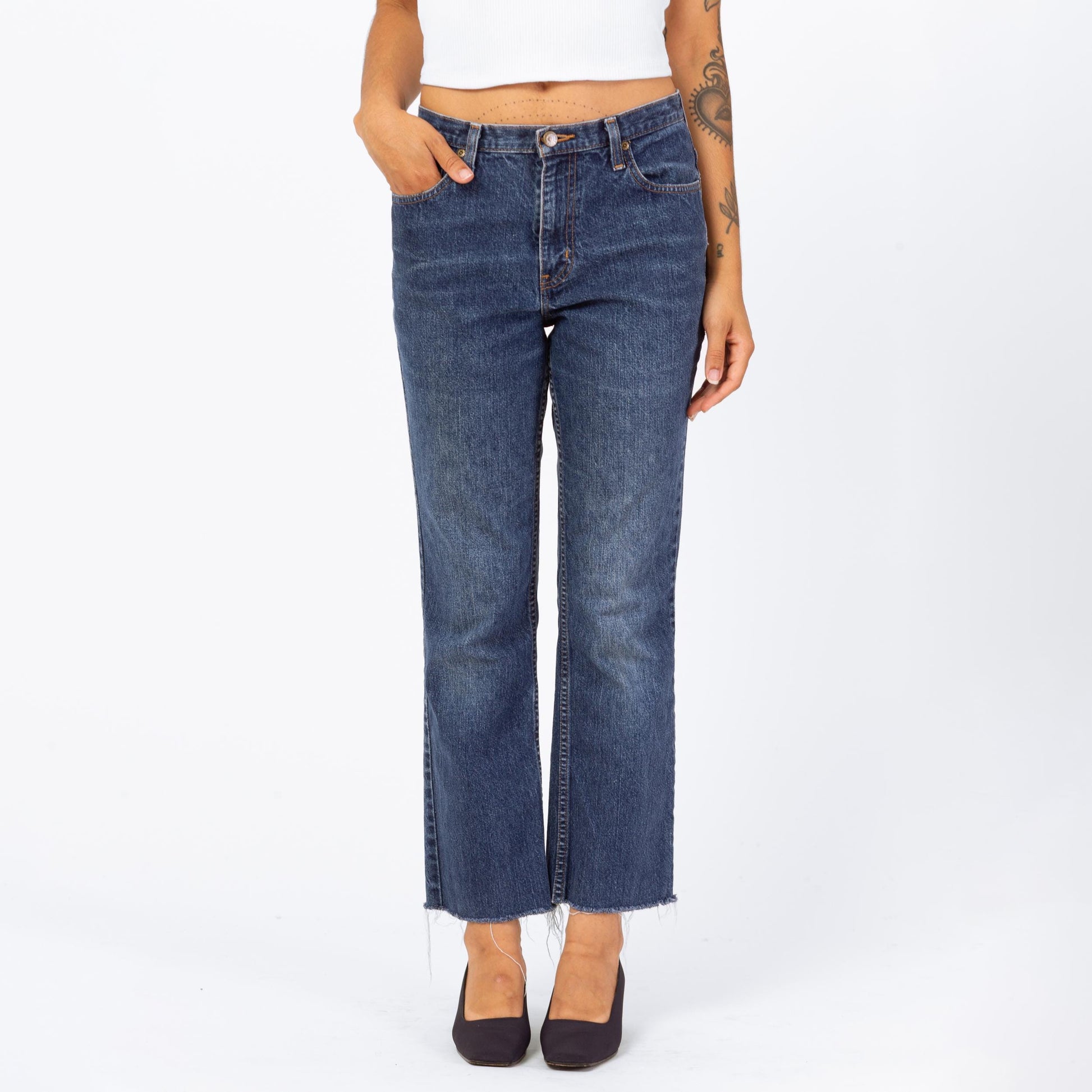Vintage 90s Dark Wash Mid Rise Jeans - Small, 27" Waist | Eddie Bauer Cut Off Bootcut Ankle Jeans